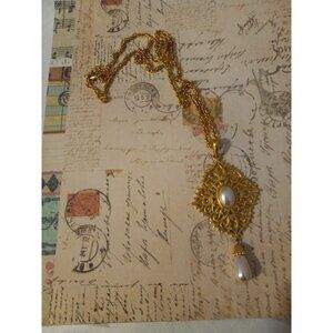 Express Vintage Gold Tone and White Bead Statement necklace